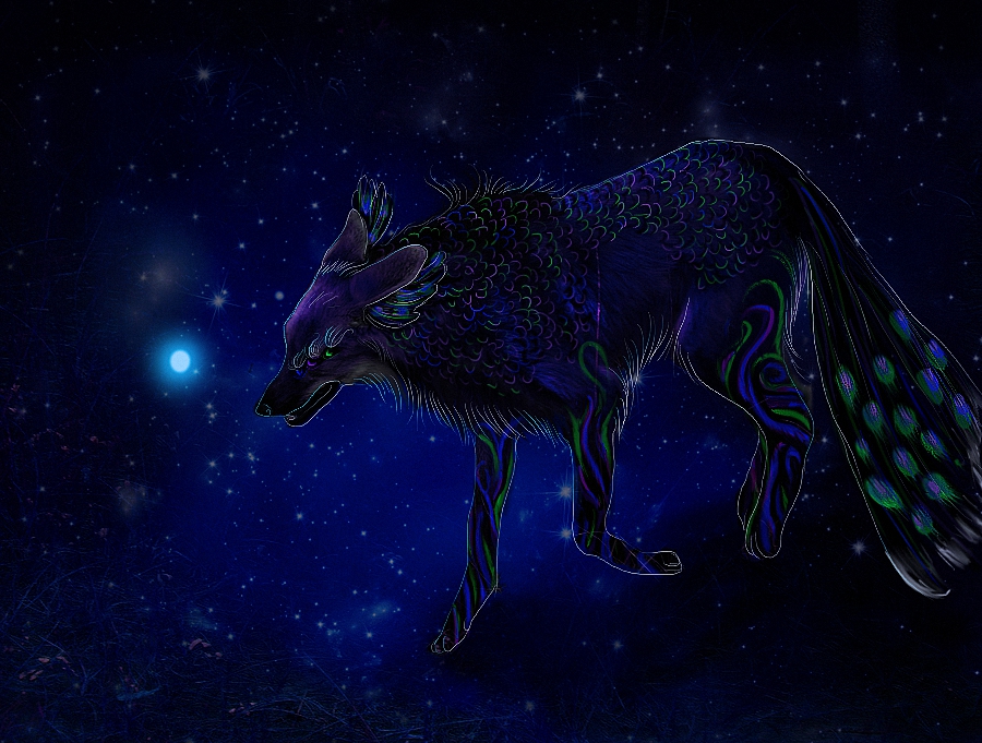 Фото Красивый волк с павлиньим хвостом на ночном небе, by Penguiduck