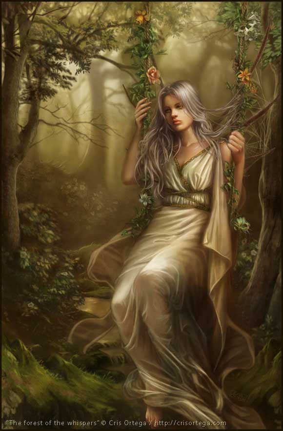 Фото Грустная девушка в лесу среди деревьев и цветов катается на качелях / by dark-spider/