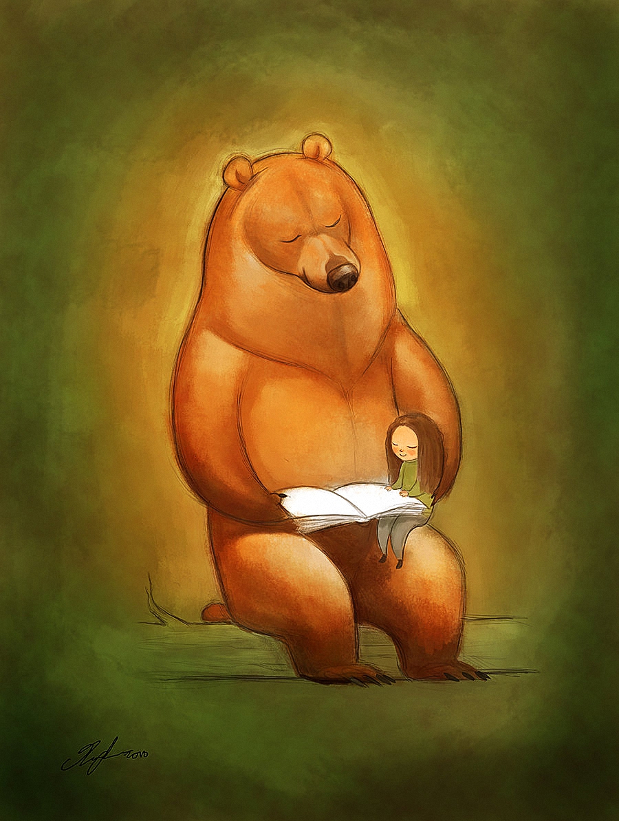 Фото Девочка сидит на коленях у медведя и читает книгу, by Therese Larsson