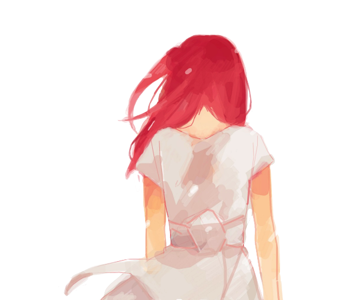 Фото Девушка с красными волосами и в белом платье стоит спиной