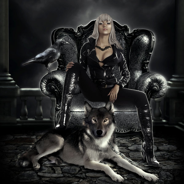 Фото Гламурная девушка в черном наряде сидит в кресле, рядом лежит волк / by ArtbyValerie/