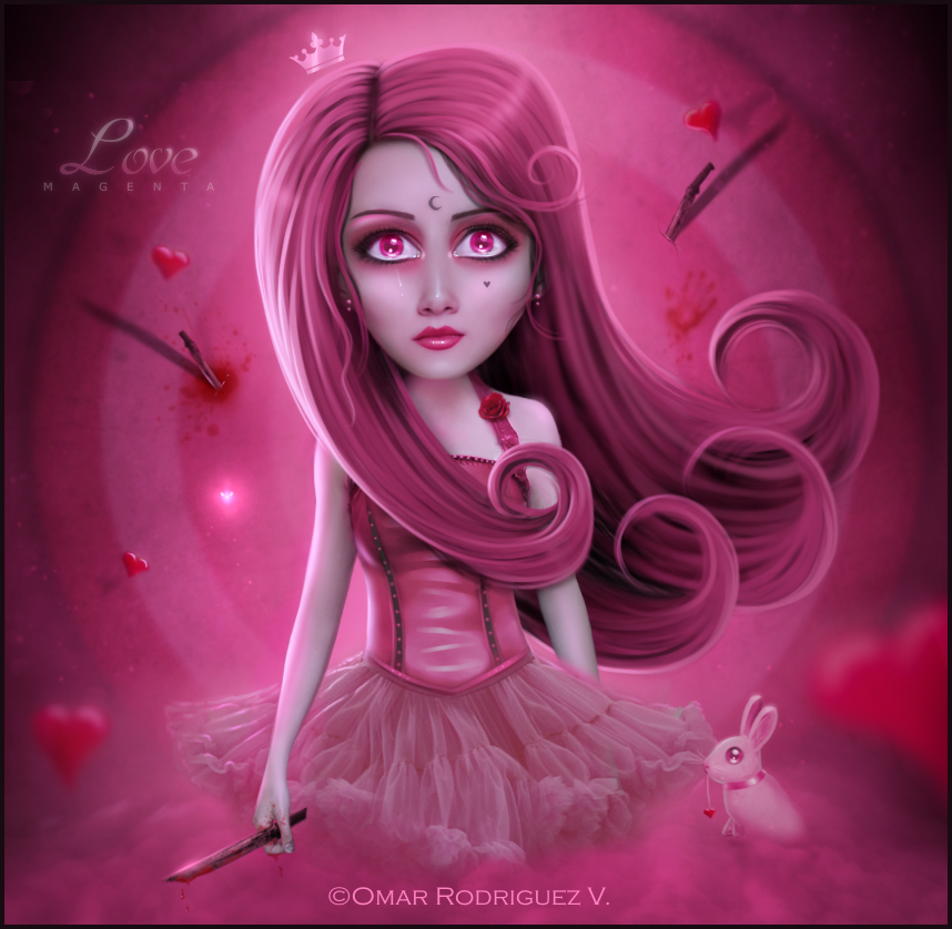Фото Девочка с розовыми заплаканными глазами на фоне зайчик с сердечком / by OmarRodriguezV/