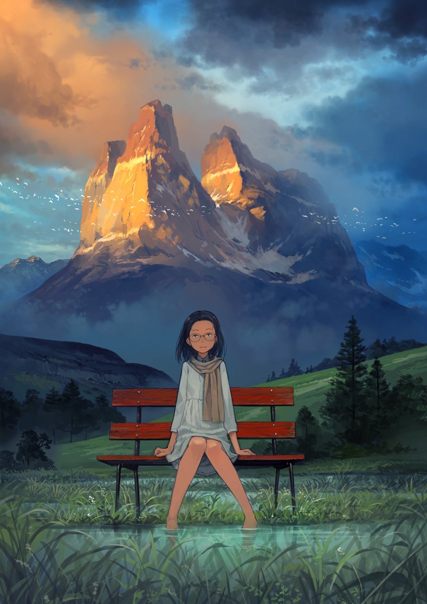 Фото Девочка сидит на лавочке, опустив ноги в воду, на фоне огромной горы