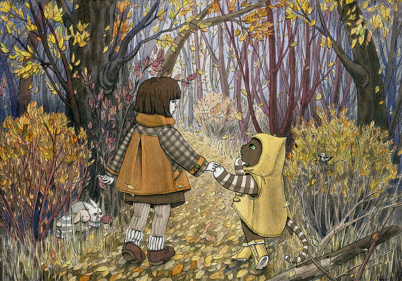 Фото Девочка и котенок идут по осеннему лесу