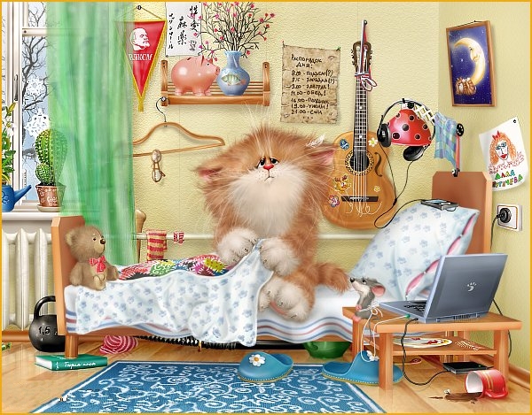 Фото Пушистый котенок проснулся и сидит на постели в окружении любимых  игрушек, работа Алексея Долотова / Xenopus