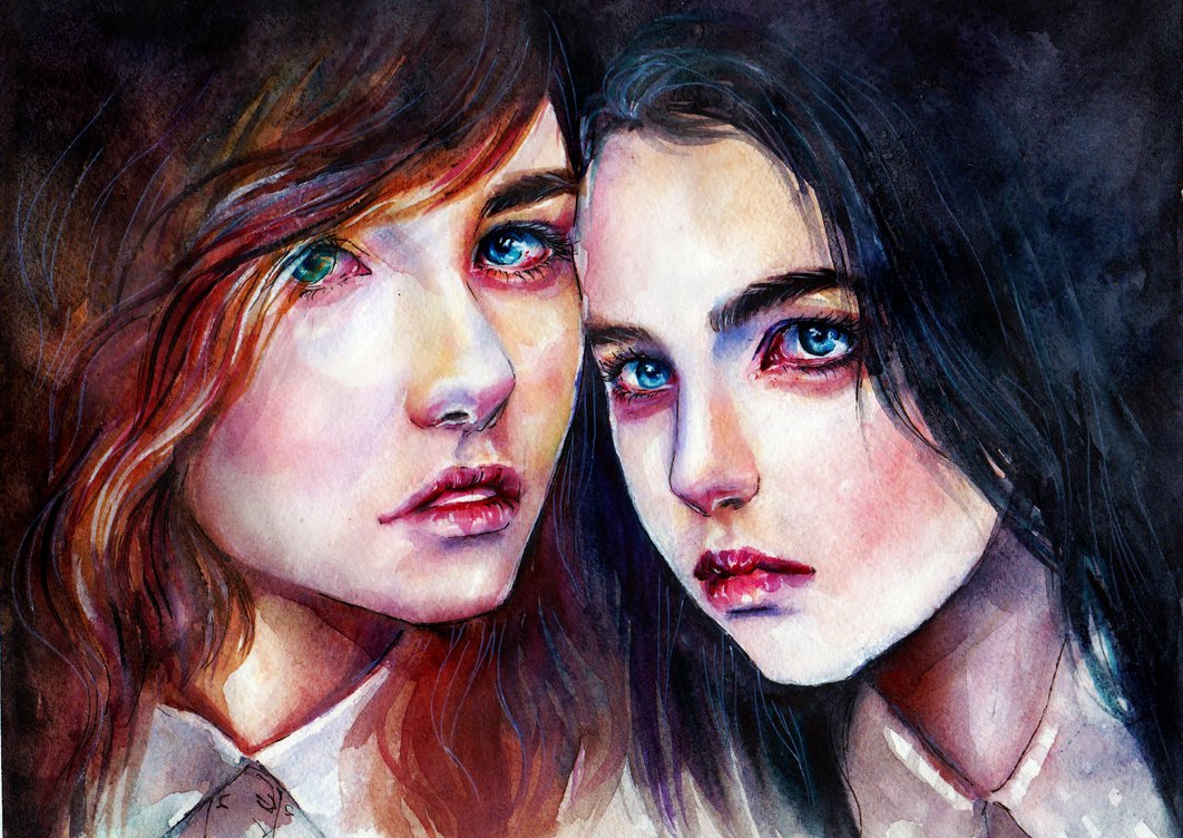 Фото Рыжеволосая девушка с разноцветными глазами, обнимает темноволосую девушку с голубыми глазами, by Artilin
