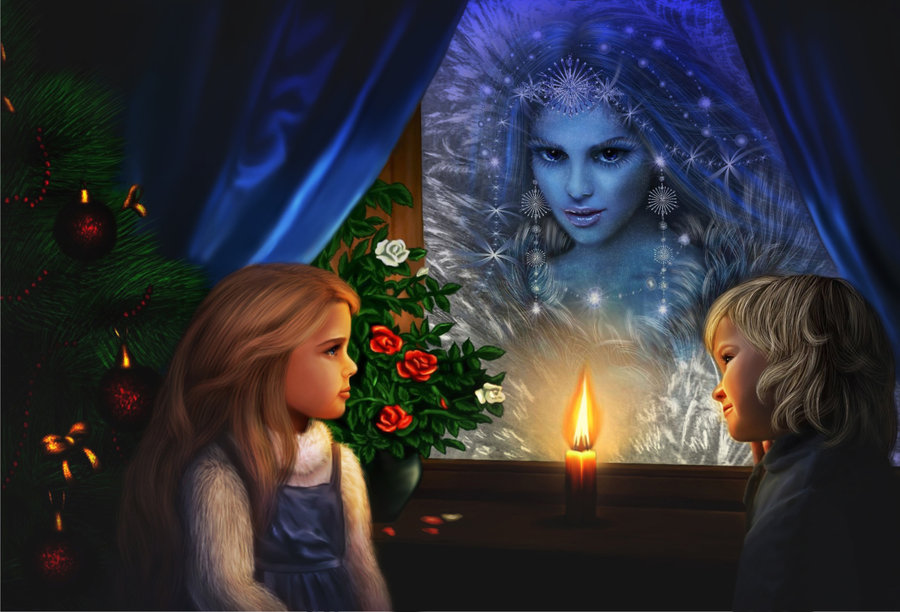 Фото Кай и Герда сидят у окна при свече на фоне роз и новогодней елки, а из окна на них смотрит снежная королева / by lilok-lilok/