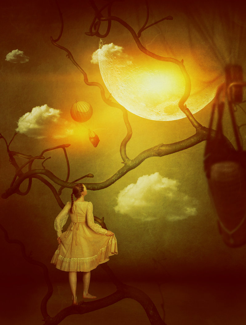 Фото Девушка стоит на ветке дерева и смотрит на луну, by LanaTustich