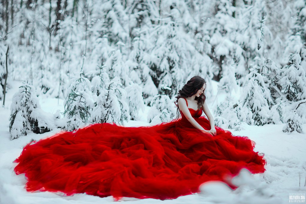 Фото Девушка в красном платье сидит на снегу, фотограф Светлана Беляева