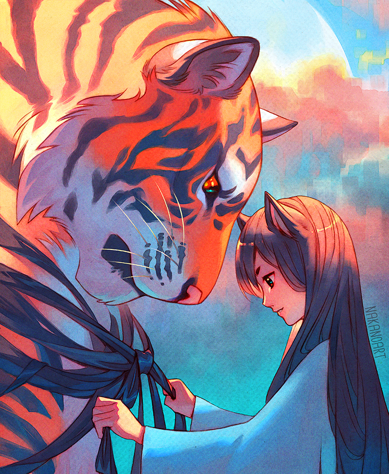 Фото Девушка с ушками стоит рядом с тигром, by nakanoart