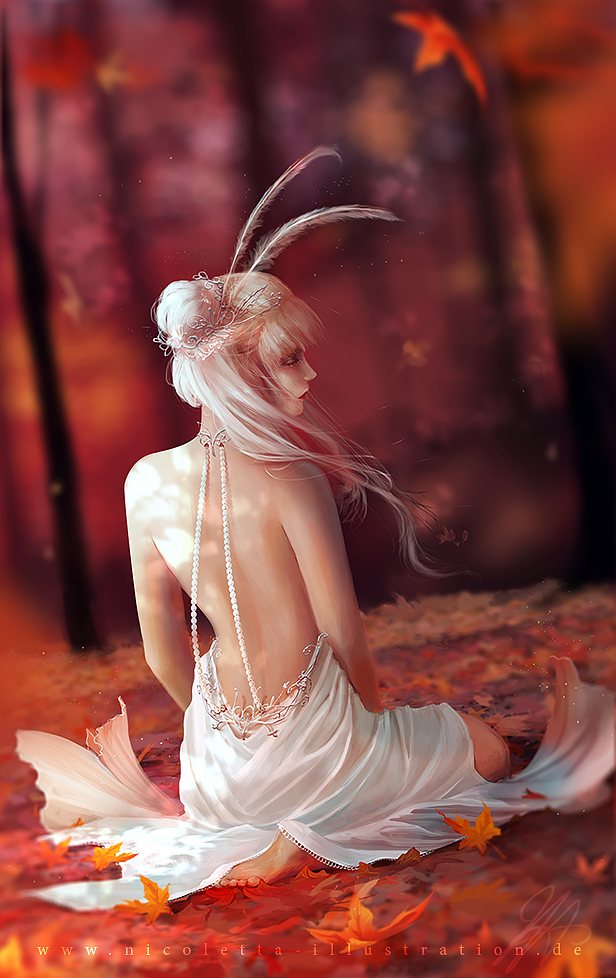 Фото Белокурая девушка в белом платье с открытой спиной сидит на осенних листьях, by mohn-blume