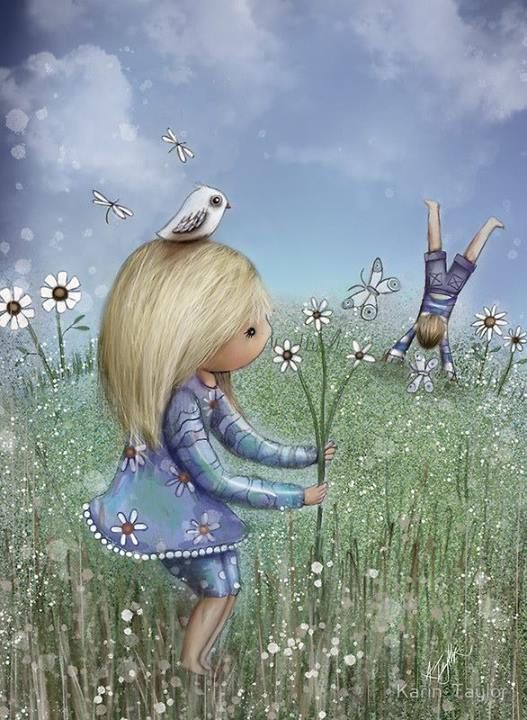 Фото Девочка с ромашками и птичкой на голове, ву Karin Taylor