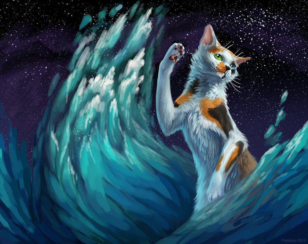 Фото Трехцветная кошка с разного цвета глазами, стоит среди огромных волн, подняв вверх переднюю лапу, by cat patrisiya