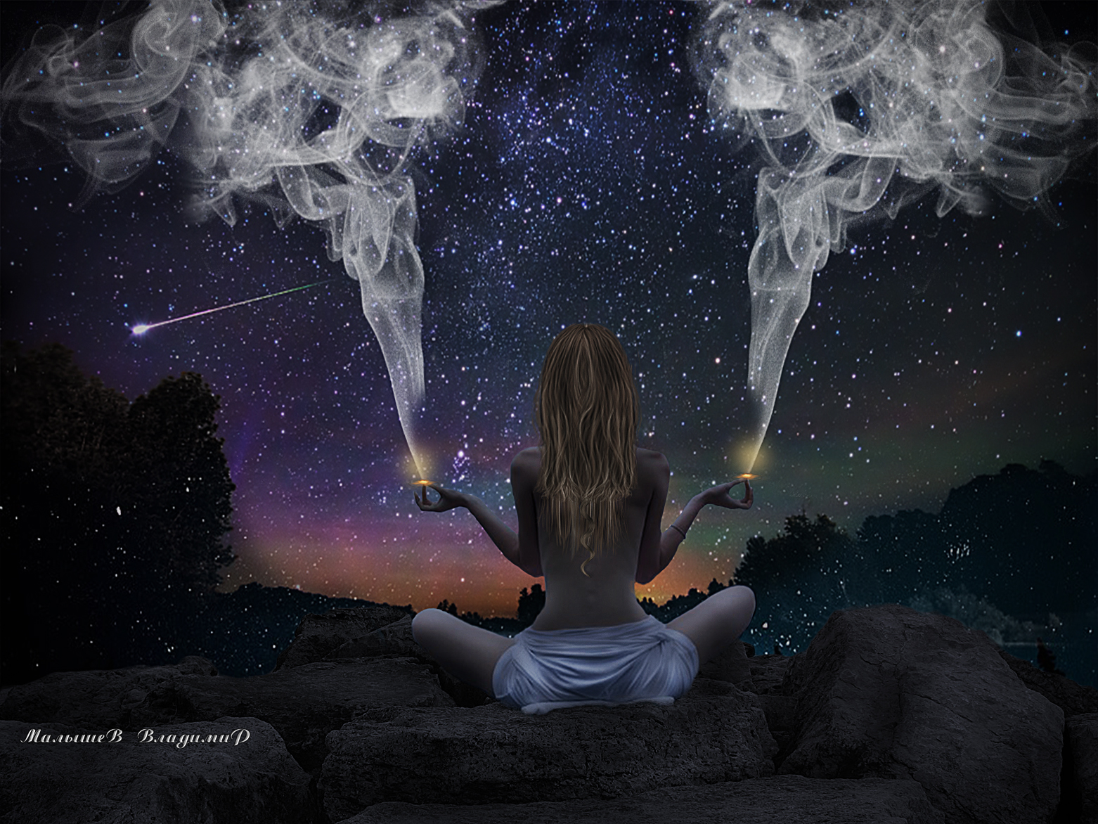 Фото На горе под звездным небом. девушка медитирует