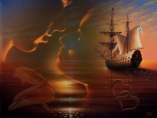Фото Влюбленная пара смотрят друг другу в глаза, на фоне заката плывущего корабля и дельфинов (DX)