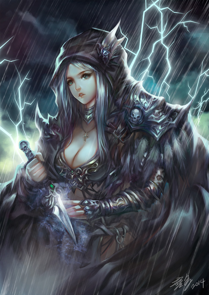 Фото Персонаж игры Dota 2 - Dark ranger, под проливным дождем и молниями, с кинжалом на готове