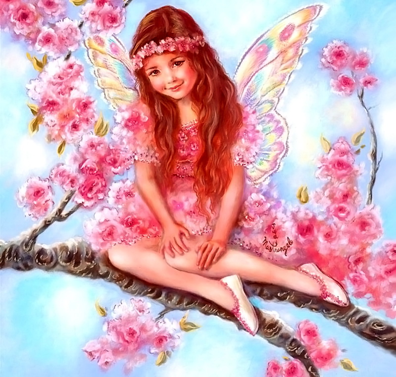 Фото Девочка с крыльями бабочки сидит на ветке цветущего дерева, работа художника Judy Mastrangelo