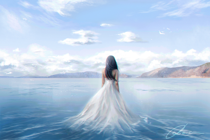 Фото Девушка в белом длинном платье стоит в море и смотрит на горы, by Kuro no Raven
