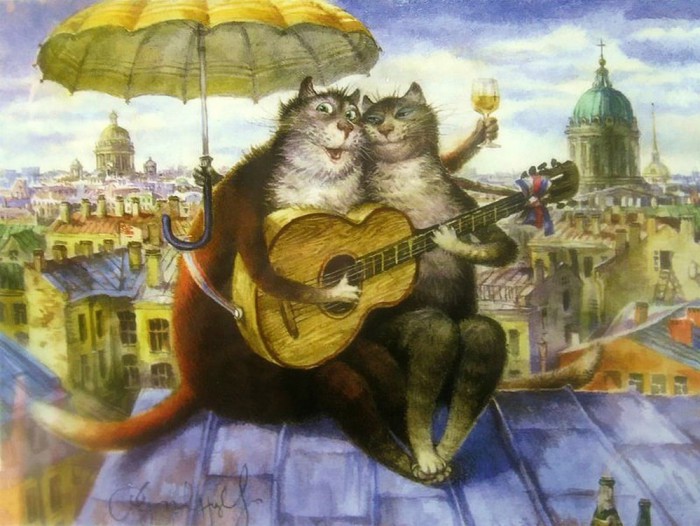 Фото Кот и кошка сидят на крыше под зонтом, кот держит в лапе бокал вина и играет на гитаре, работа художника Владимира Румянцева
