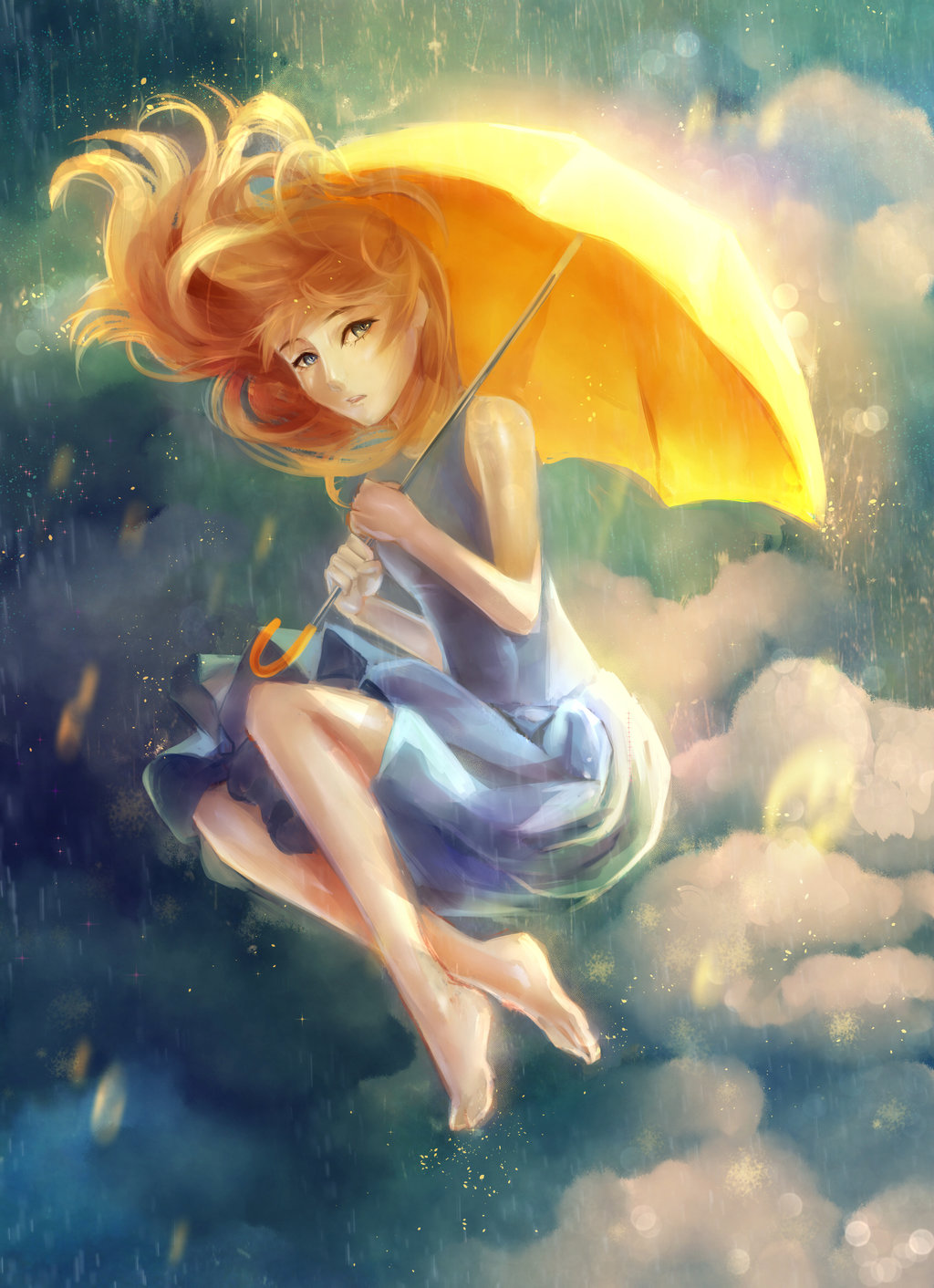 Фото Девушка с желтым зонтом в руках парит в небе среди облаков, by My-Magic-Dream