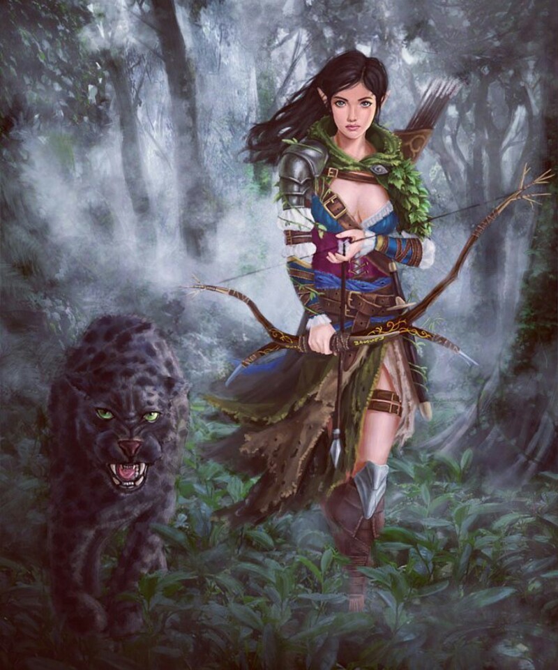 Фото Девушка с луком идет по туманному лесу рядом с пантерой