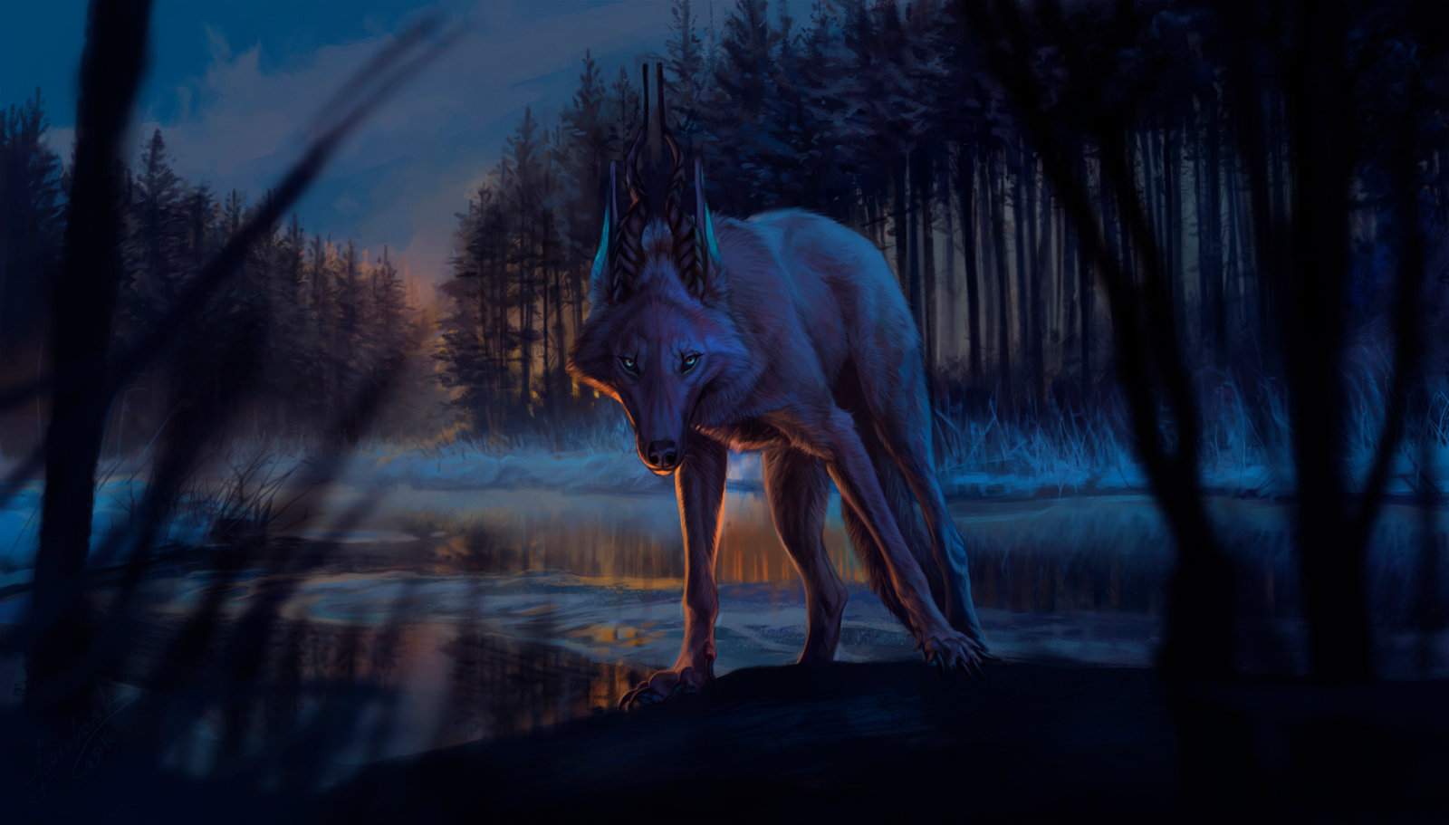 Фото Волк с рогами стоит у водоема, by Aivoree
