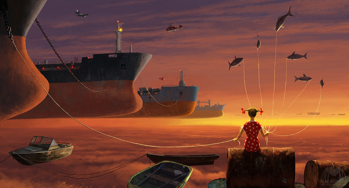 Фото Девочка держит на веревочках корабли и рыб, парящих в воздухе, by alexandreev