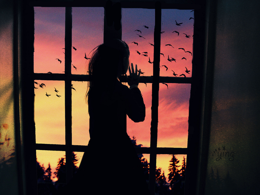 Фото Девочка смотрит в окно на пролетающих птиц, by kahyinG
