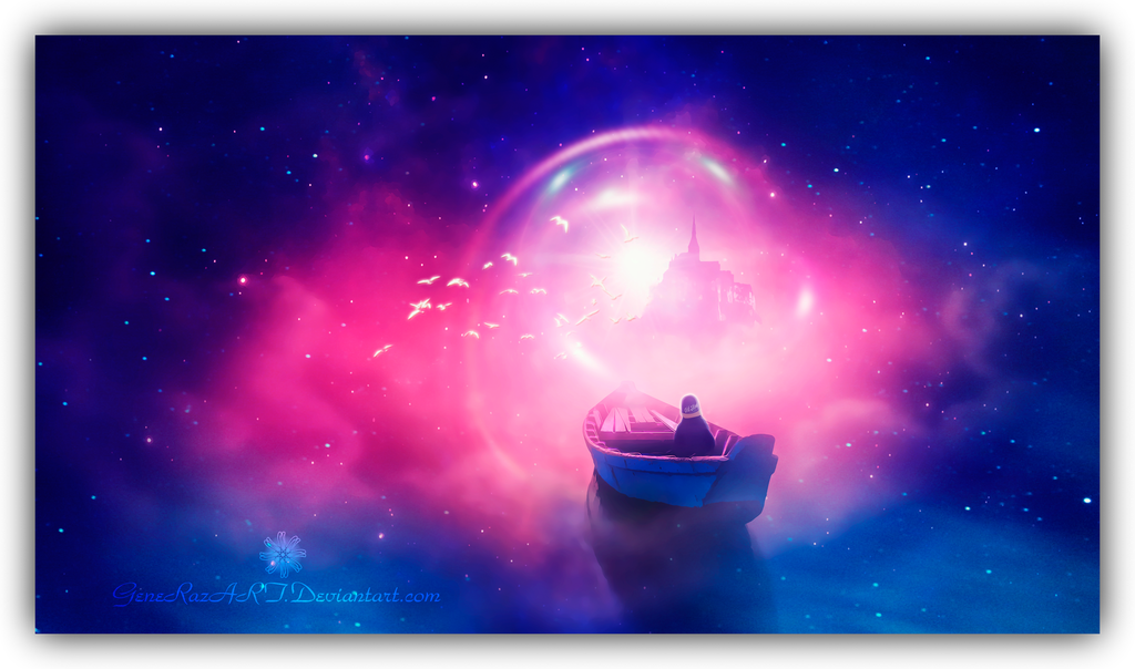 Фото Человек в лодке на фоне волшебного свечения, которое освещает замок, by GeneRazART