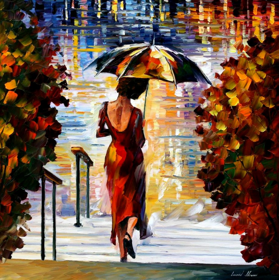Фото Девушка в красном платье спускается по ступеням, держа в руках зонт (Леонид Афремов)