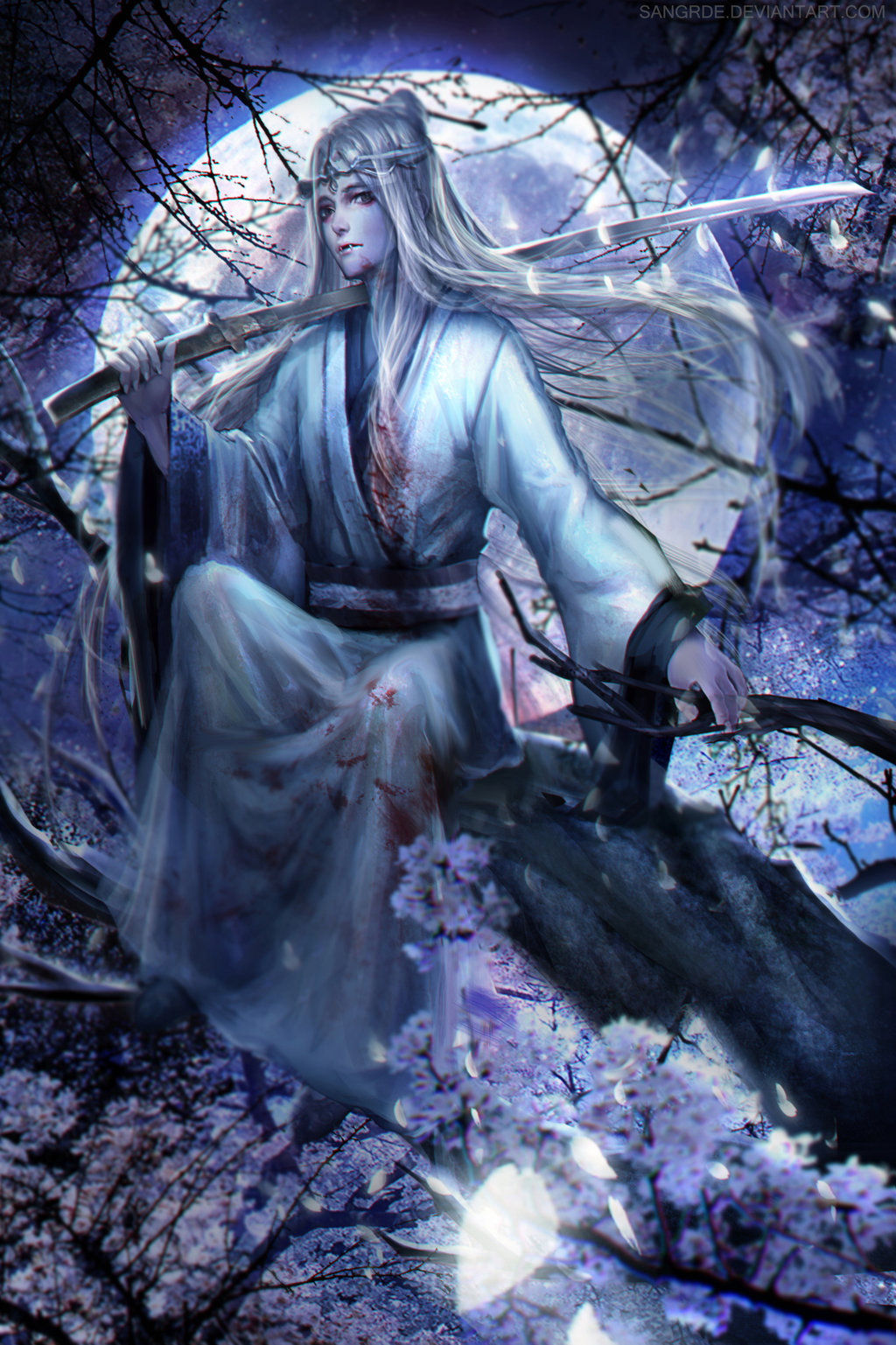 Фото Белокурый вампир в окровавленном кимоно с катаной в руке сидит на ветке цветущей сакуры на фоне полной луны, by Sangrde