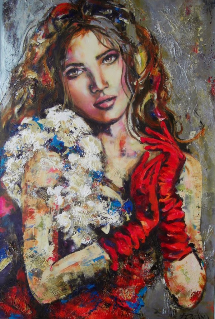 Фото Девушка с длинными волосами, на руках одеты красные перчатки, художница Celine Brossard