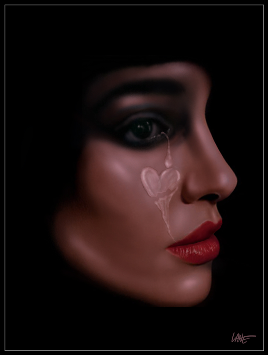 Фото Лицо девушки в профиль, красные губы, из глаза течет слеза в виде сердечка, бразильский художник RockLane