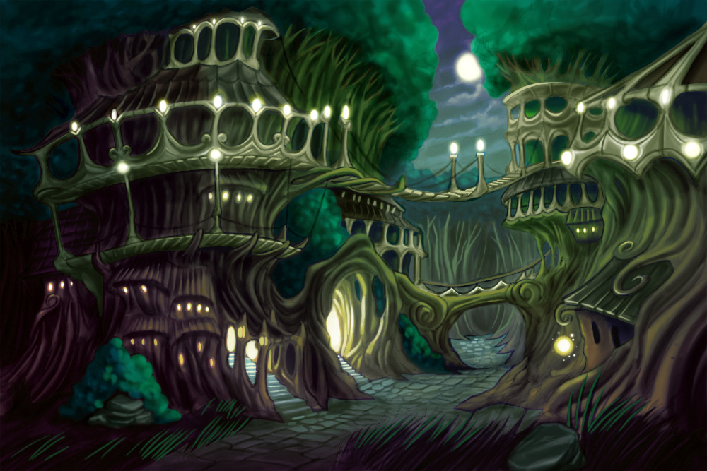 Фото Нарисованные эльфийские дома в ночном, лунном лесу