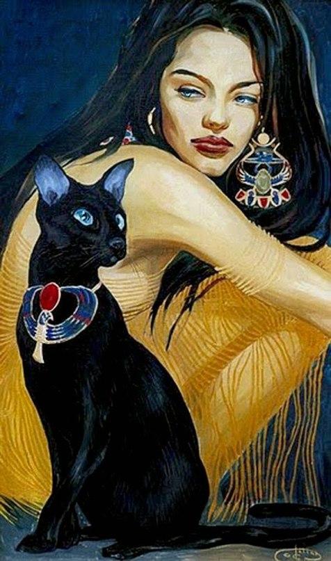 Фото Девушка похожая на египтянку смотрит на сидящую рядом черную египетскую кошку с красивым ошейником