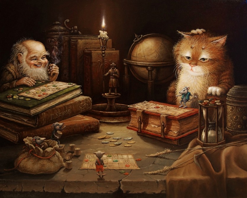 Фото Седой старичок и рыжий кот играют в лото при свете свечи, мыши наблюдают за игрой, художник А. Москаев