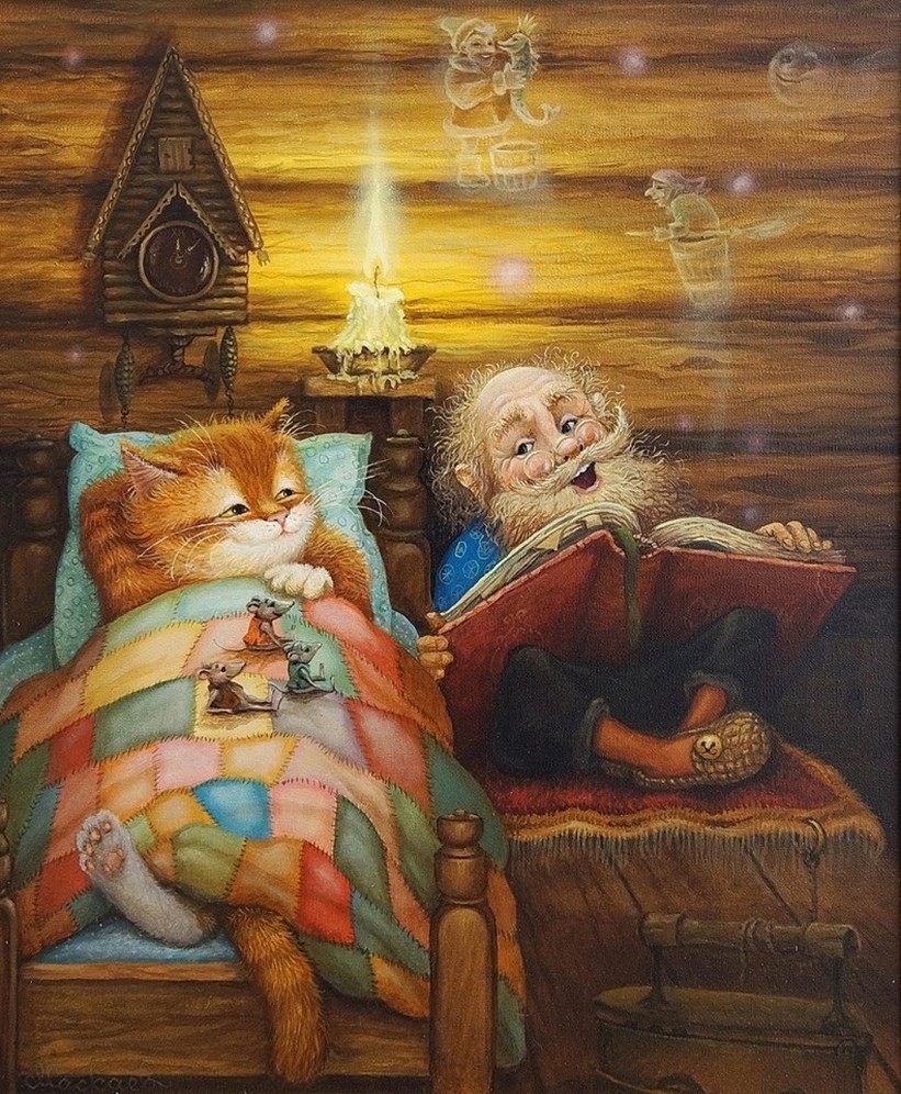 Фото Старичок с бородой, сидя на полу на коврике, читает книжку рыжему коту, который лежит на кровати, мыши тоже слушают сказку, художник А. Москаев