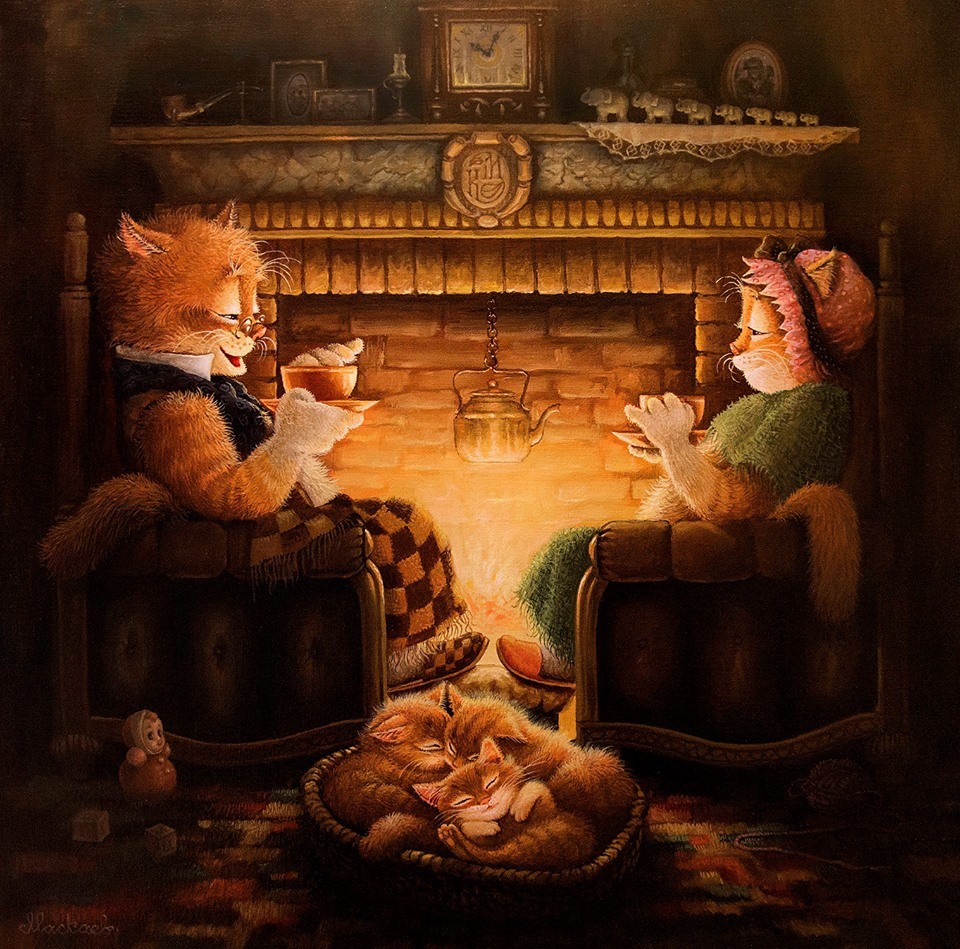 Фото Кот и кошка сидят в кресле у камина и пьют чай, в лукошке спят котята, художник А. Москаев