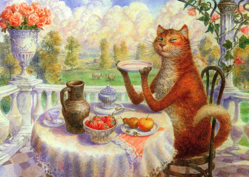 Фото Кот сидит на терассе на стуле за столом и пьет чай из блюдечка, на столе яблоко, грушка, ваза с клубникой, художник Владимир Румянцев