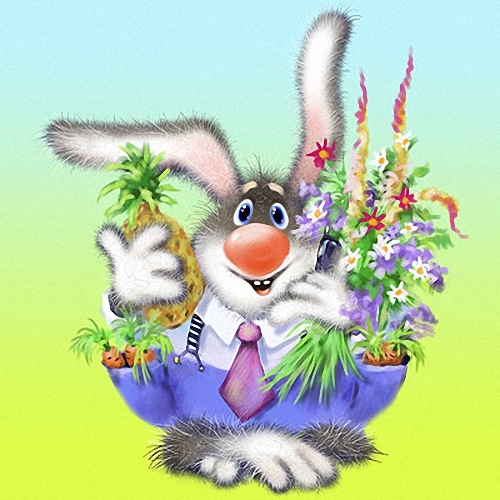 Фото Кролик в галстуке с букетом цветов в одной лапе, с ананасом в другой лапе и морковкой в карманах штанишек, художник Лев Барсенев