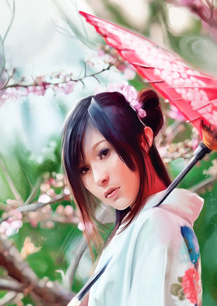 Фото Девушка азиатской внешности одетая в кимоно держа в руках красный зонтик на фоне цветущей сакуры, by Razor-Sensei