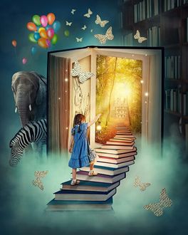 Фото Девочка поднимается по лестнице из книг, направляясь к открытой книге - двери, рядом стоит слон, зебра, летают бабочки