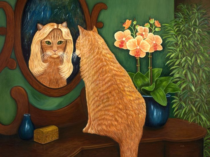 Фото Рыжий кот рассматривает себя в зеркале, by Karen Zuk Rosenblatt