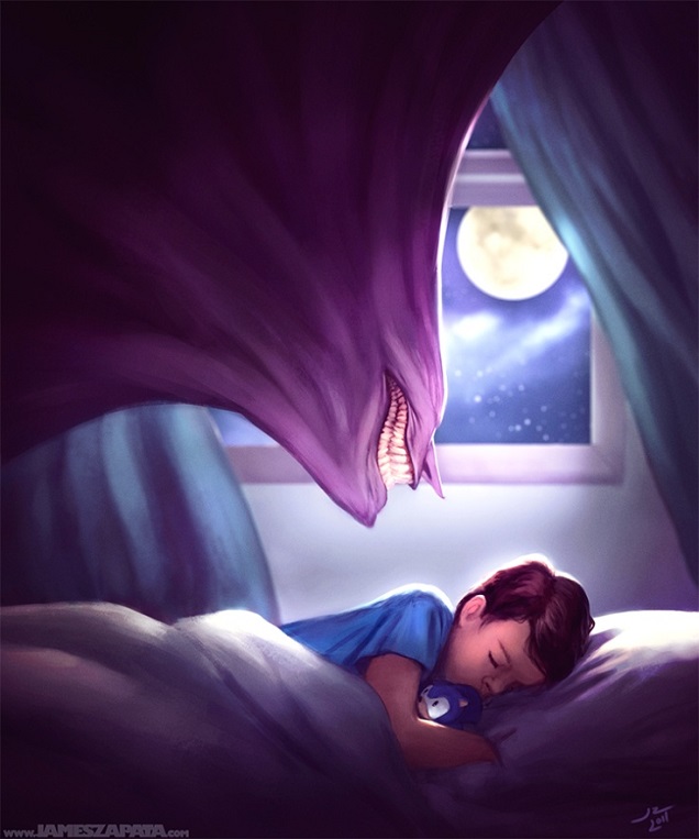 Фото Фиолетовый монстр спустился с потолка и повис над спящим в кровати мальчиком, By James Zapata