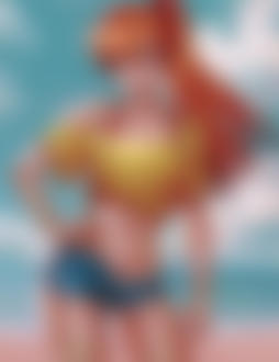 Фото Мисти — персонаж серии игр, аниме и манги Покемон / Pokemon с покеболом в руке стоит на фоне моря и неба / Misty by dandonfuga