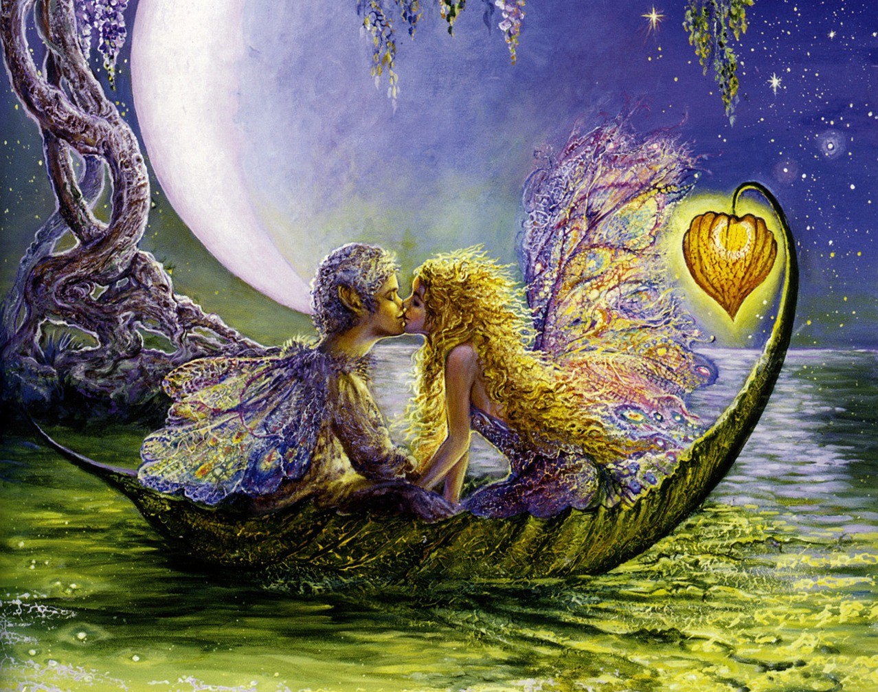 Фото Мальчик и девочка эльфы целуются, сидя в лодочке из листочка на фоне огромной луны, им светит фонарик, by Josephine Wall