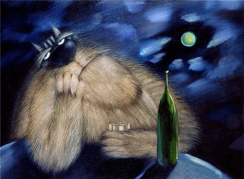 Фото Задумчивый кот сидит под ночным небом, подперев голову одной лапой и держа в другой лапе граненый стакан, рядом на столе стоит бутылка, художник Валерий Иванович Хлебников