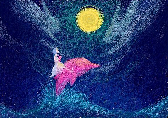 Фото Девочка сидит на розовом дельфине, выпрыгнувшем из морских волн в ночи под луной, китайский иллюстратор Рлон Вонг / Rlon Wang