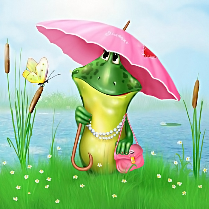 Фото Зеленая лягушка с розовым зонтиком, с красной маленькой дамской сумочкой через плечо, в белых бусах на шее стоит на траве с цветущими ромашками на фоне бабочки, сидящей на камыше и водоема, иллюстратор Алексей Долотов