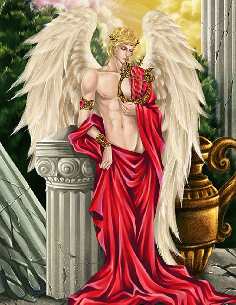 Фото Парень ангел с белыми крыльями с голым торсом в красной тоге с лирой в руке стоит у разрушенных колонн и амфоры